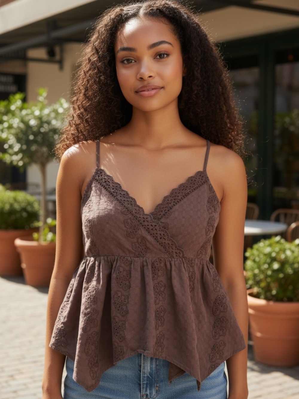 American Eagle Eyelet Embroidered Babydoll Cami Top Brown Handkerchief Hem (S)